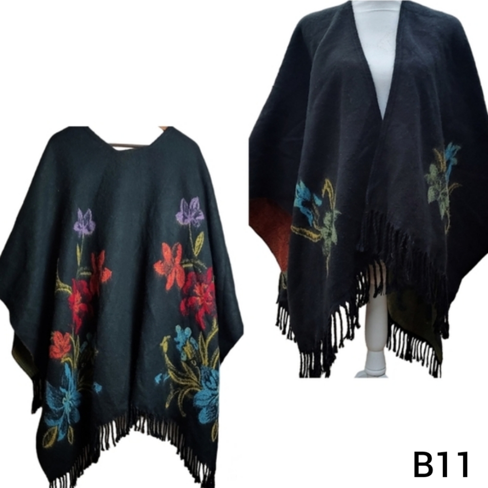 Reversible Wrap Shawl Open Front One Size Floral Fringed